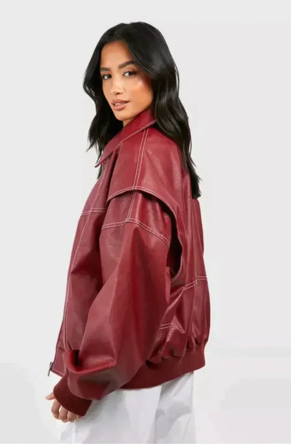 Burgundy Oversized Bomber Jacket for Women | Casual Layering Outerwear