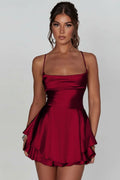 Red Backless Ruched Flared Square Neck Halter Cocktail Dress for Women