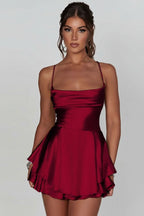 Red Backless Ruched Flared Square Neck Halter Cocktail Dress for Women