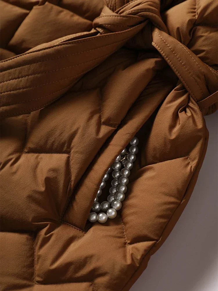 Duck Down Filled Long Puffer Coat with Waist Belt for Women | Winter Collection