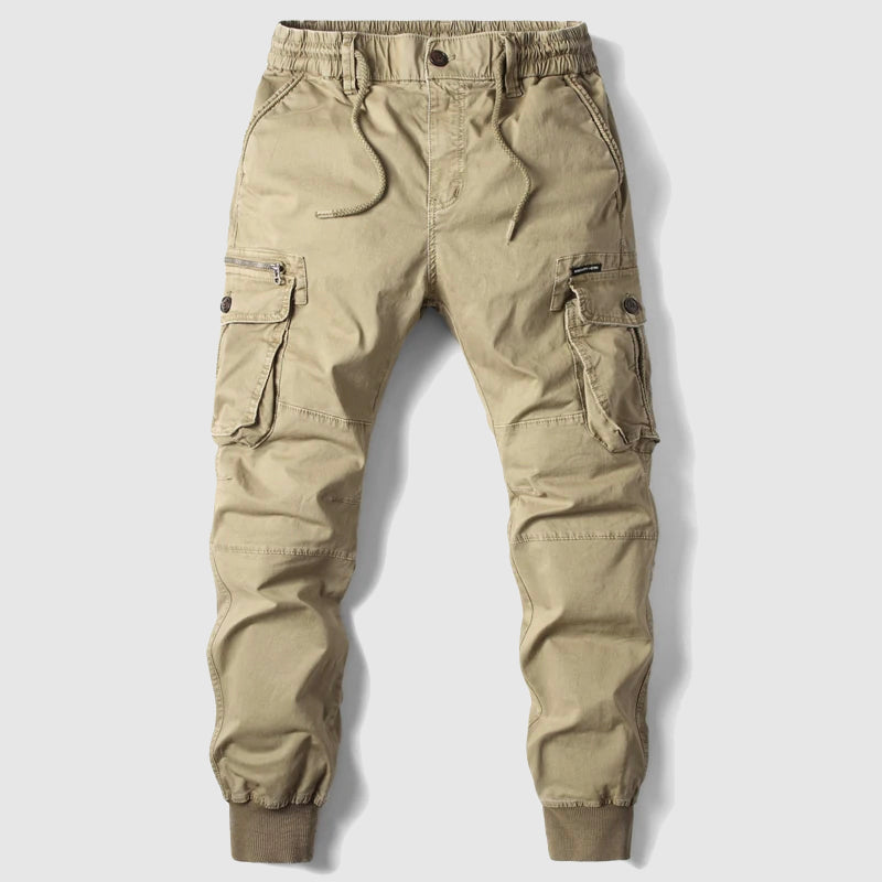 Khaki Cargo Jogger Trousers for Men with Elastic Waist and Side Pockets