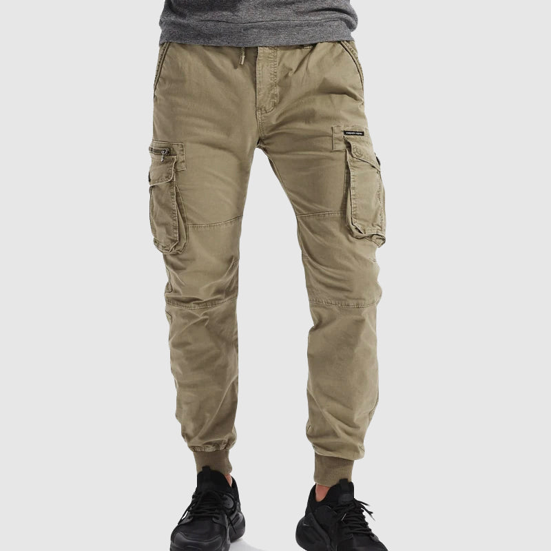 Khaki Cargo Jogger Trousers for Men with Elastic Waist and Side Pockets