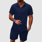 Beige Jacquard Short Sleeve Shirt and Shorts Set for Men
