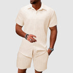 Beige Jacquard Short Sleeve Shirt and Shorts Set for Men