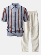 Striped Crochet Knit Polo and Linen Trousers Set for Men | Summer Outfit
