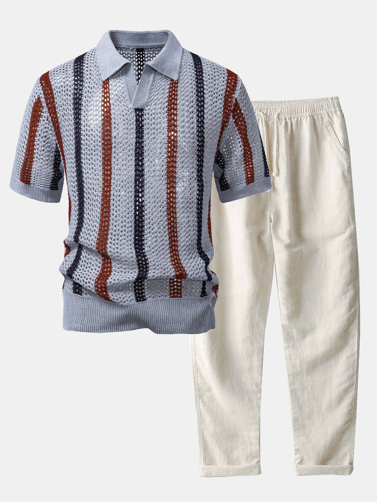 Striped Crochet Knit Polo and Linen Trousers Set for Men | Summer Outfit