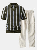 Striped Crochet Knit Polo and Linen Trousers Set for Men | Summer Outfit