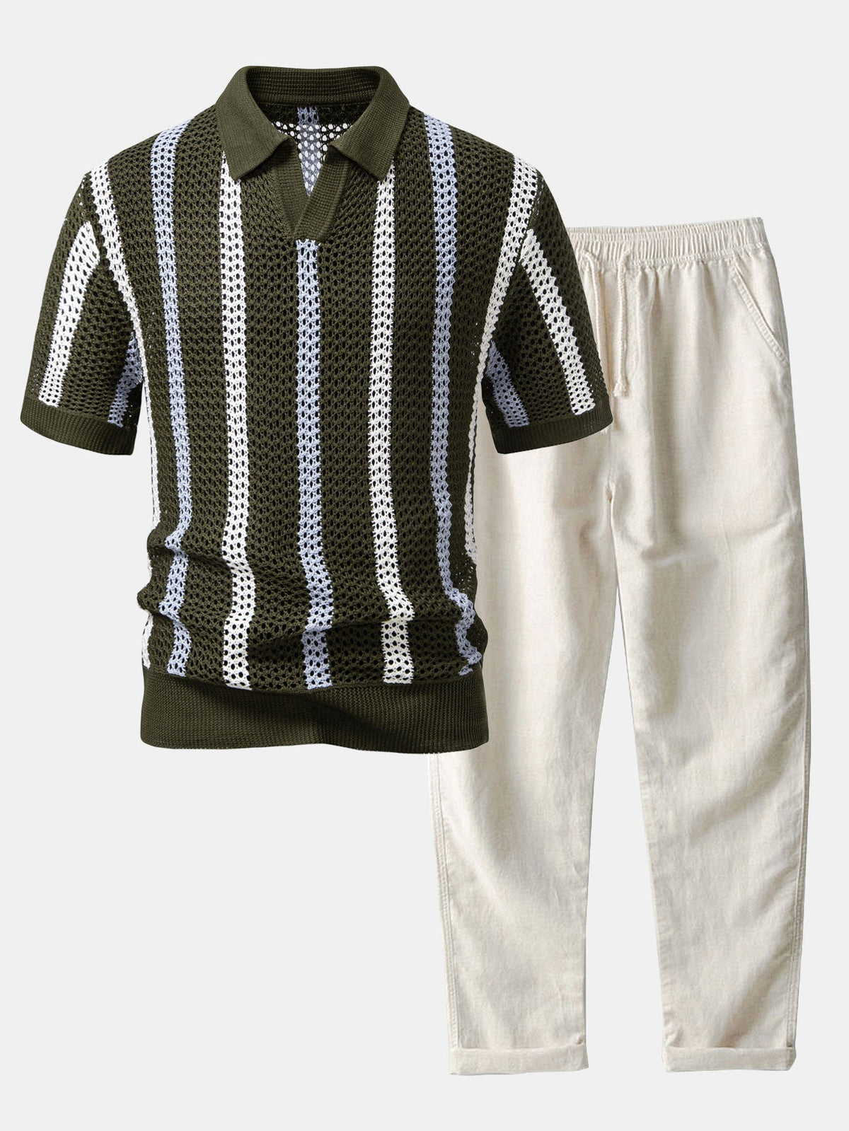Striped Crochet Knit Polo and Linen Trousers Set for Men | Summer Outfit