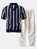 Striped Crochet Knit Polo and Linen Trousers Set for Men | Summer Outfit