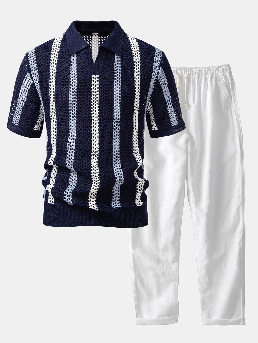 Striped Crochet Knit Polo and Linen Trousers Set for Men | Summer Outfit