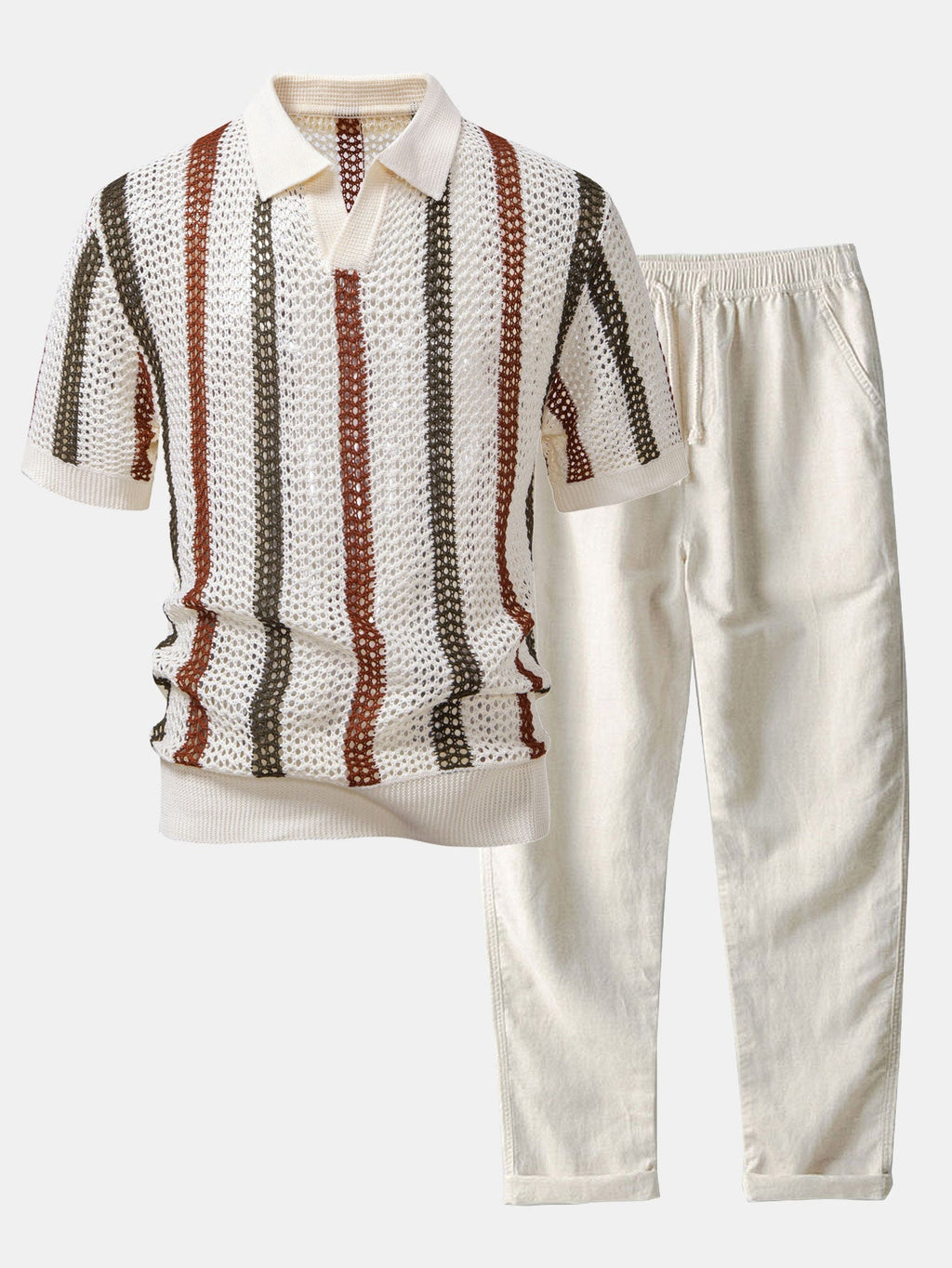 Striped Crochet Knit Polo and Linen Trousers Set for Men | Summer Outfit