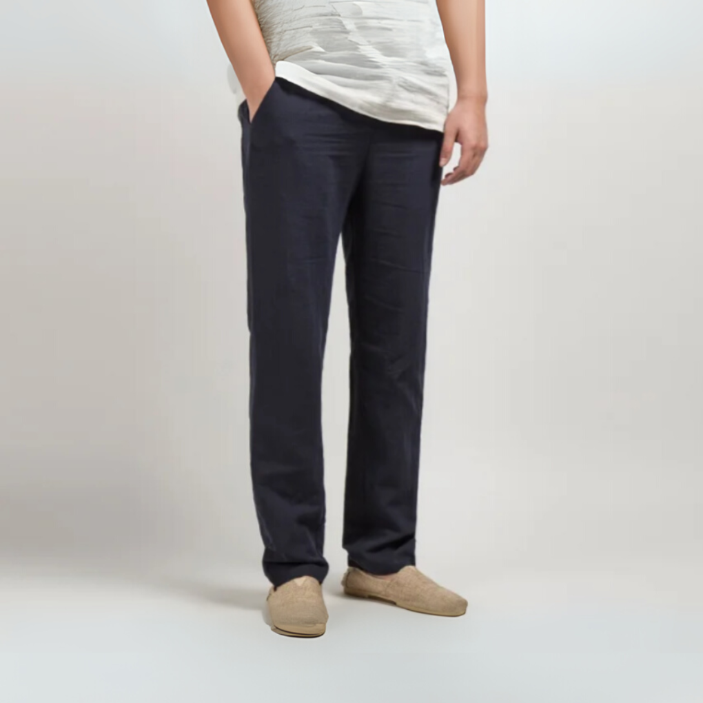 Beige Linen Lightweight Relaxed Fit Straight Leg Summer Trousers for Men