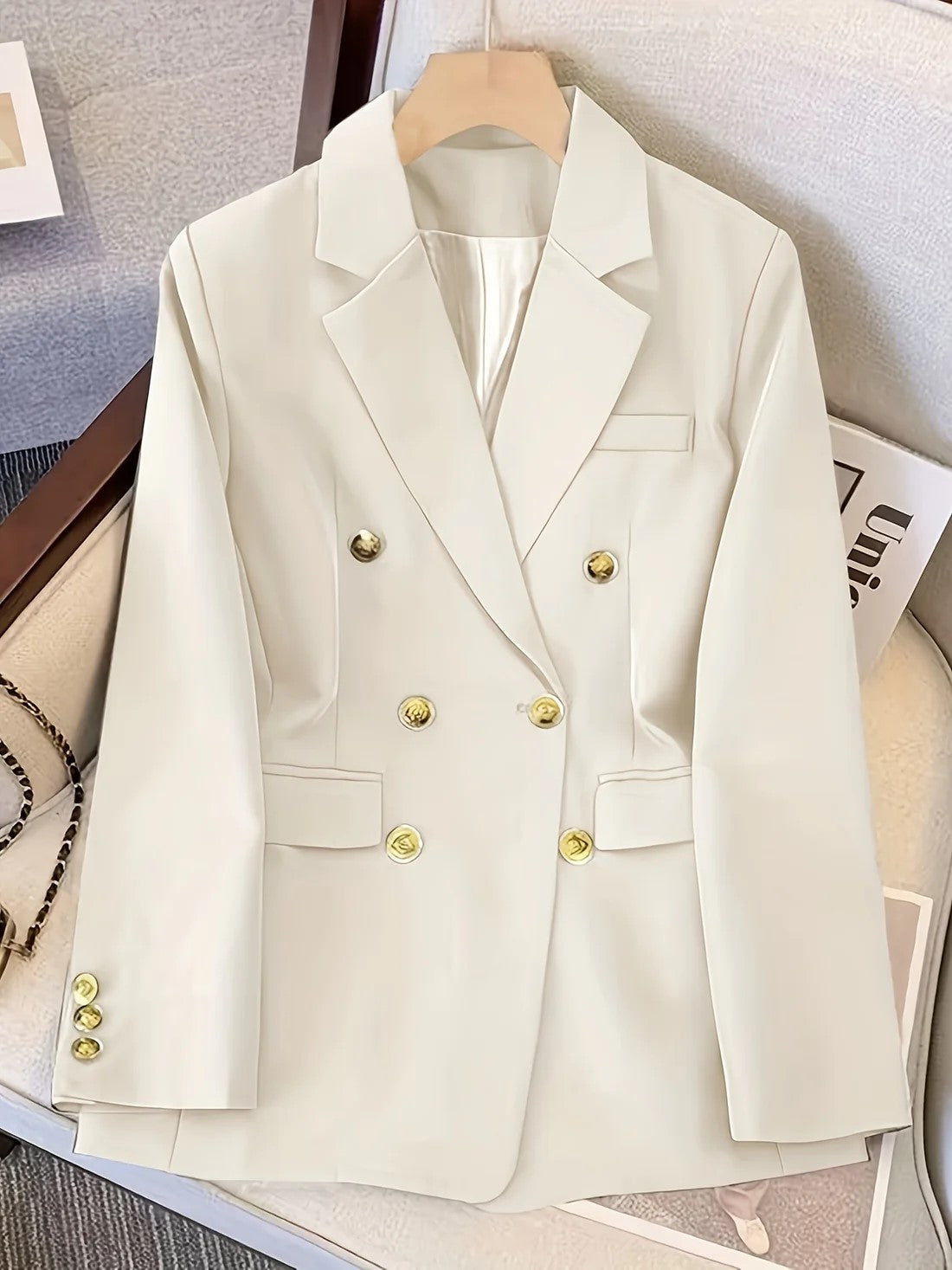 Women's Double-Breasted Woven Blazer with Notched Lapel