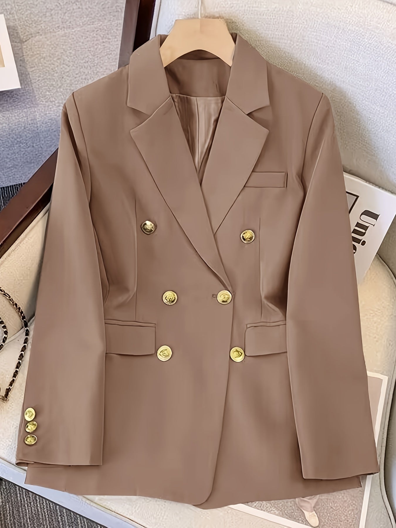 Women's Double-Breasted Woven Blazer with Notched Lapel