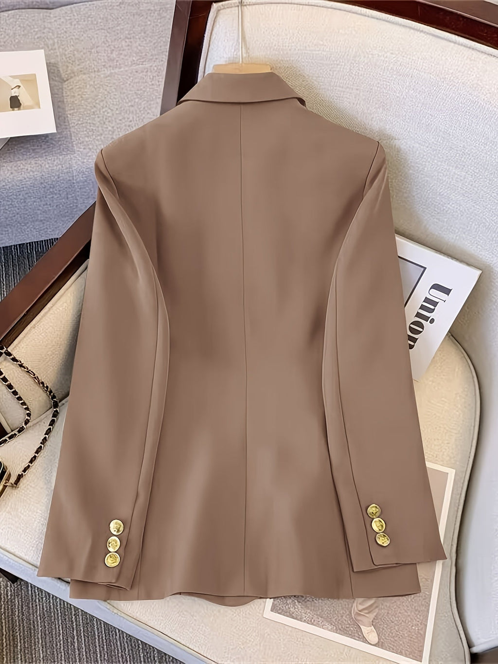 Women's Double-Breasted Woven Blazer with Notched Lapel