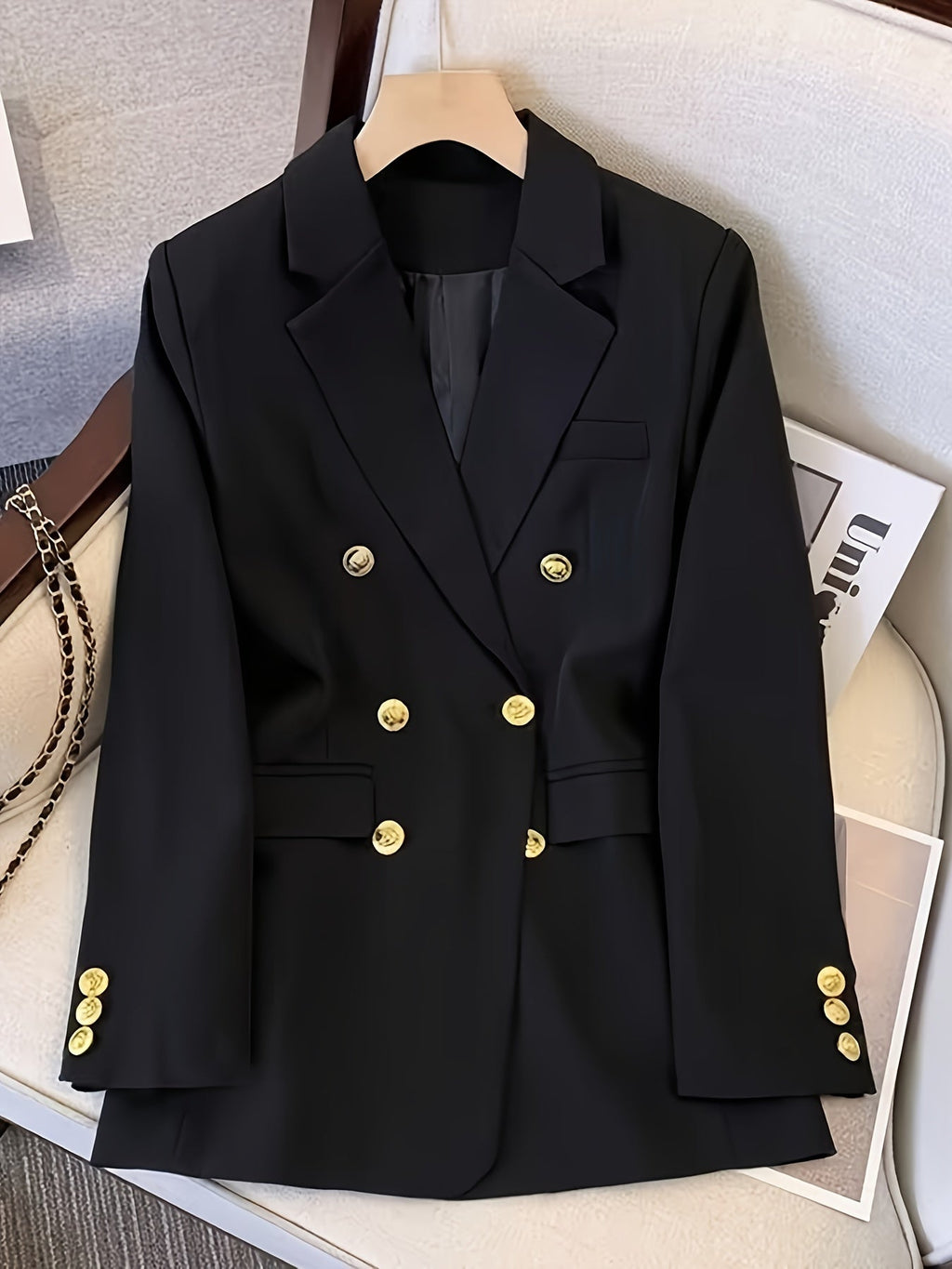 Women's Double-Breasted Woven Blazer with Notched Lapel