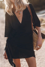 Linen Blend Wrap Mini Dress for Women | Asymmetrical Hem