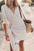 Linen Blend Wrap Mini Dress for Women | Asymmetrical Hem