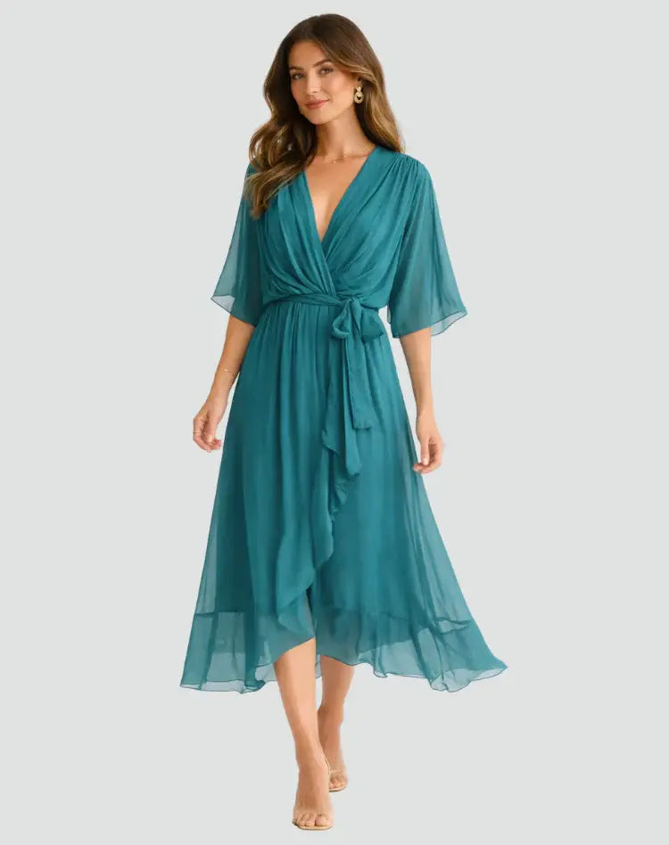 Wrap V-Neck Midi Dress for Women | Wedding Guest Occasion