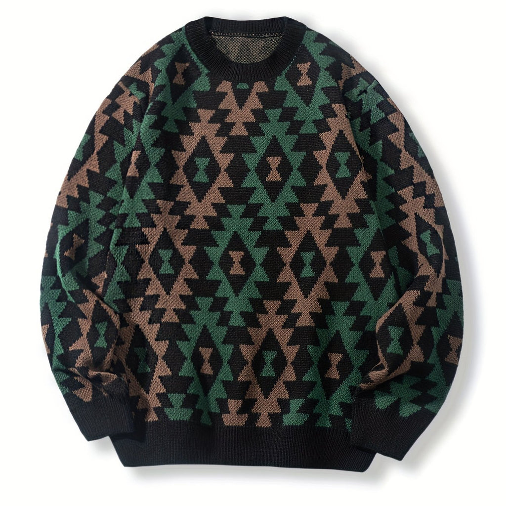 Black Geometric Pattern Relaxed Fit Knit Jumper with Ribbed Cuffs for Men