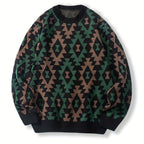 Black Geometric Pattern Relaxed Fit Knit Jumper with Ribbed Cuffs for Men