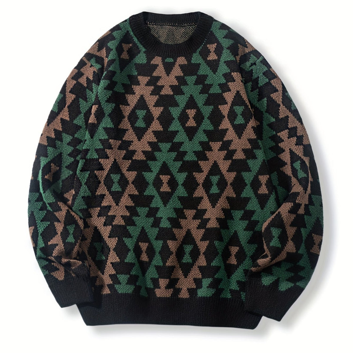 Black Geometric Pattern Relaxed Fit Knit Jumper with Ribbed Cuffs for Men