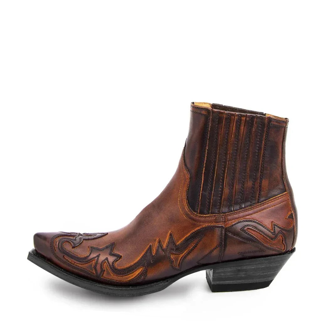 Black Leather Stitched Slip On Pointed Toe Western Ankle Cowboy Boots for Men