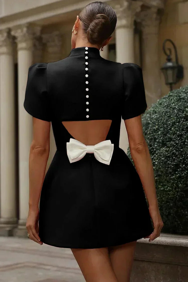 Women Mini Dress | Fitted bodice with puff sleeves and high neckline
