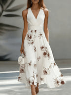 Floral Patchwork Backless Ruched Flared Maxi Dress for Women