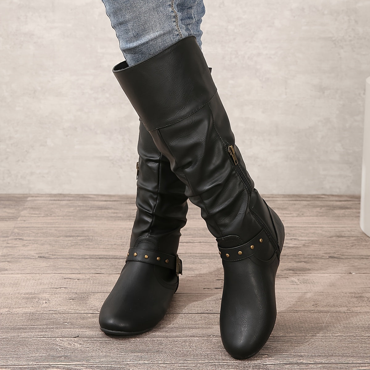 Flat Slouch Knee High Buckle Boots with Side Zip and Round Toe for Women