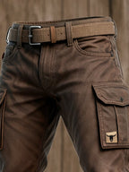 Brown Tapered Slim Fit Cargo Trousers with Flap Utility Pockets for Men