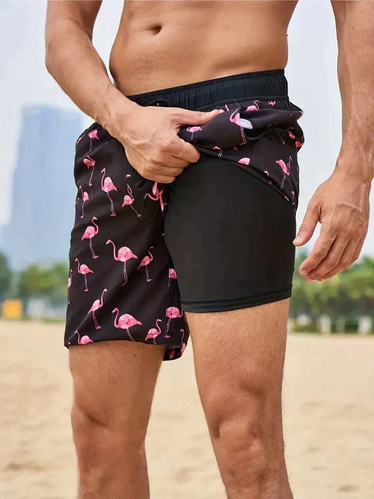 Flamingo Print Regular Fit Swim Shorts for Men