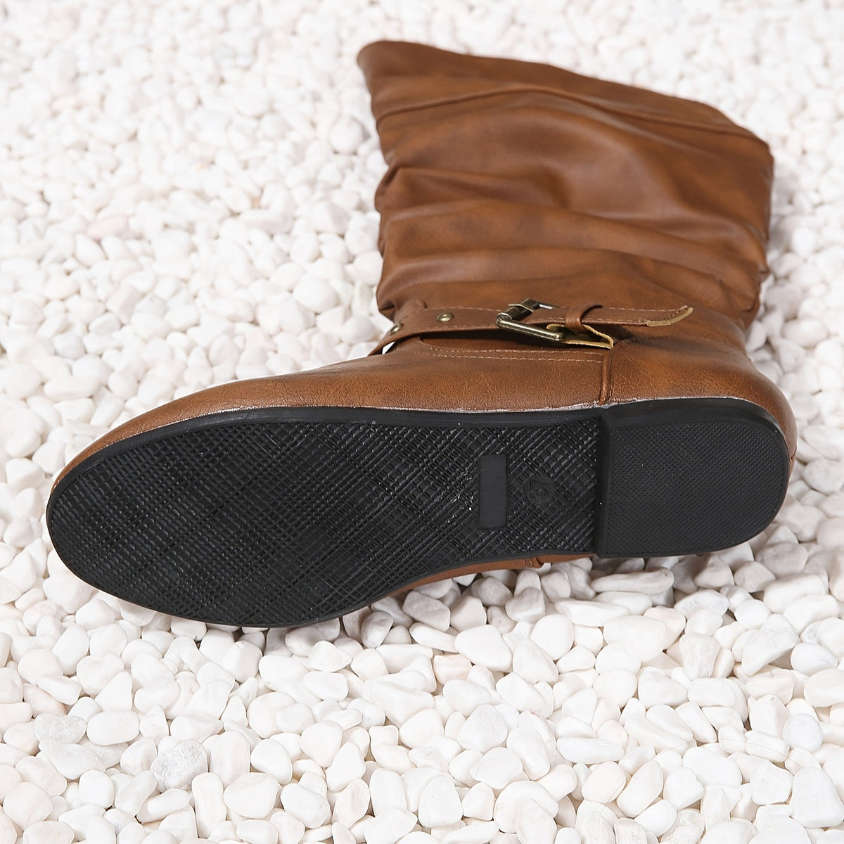 Flat Slouch Knee High Buckle Boots with Side Zip and Round Toe for Women