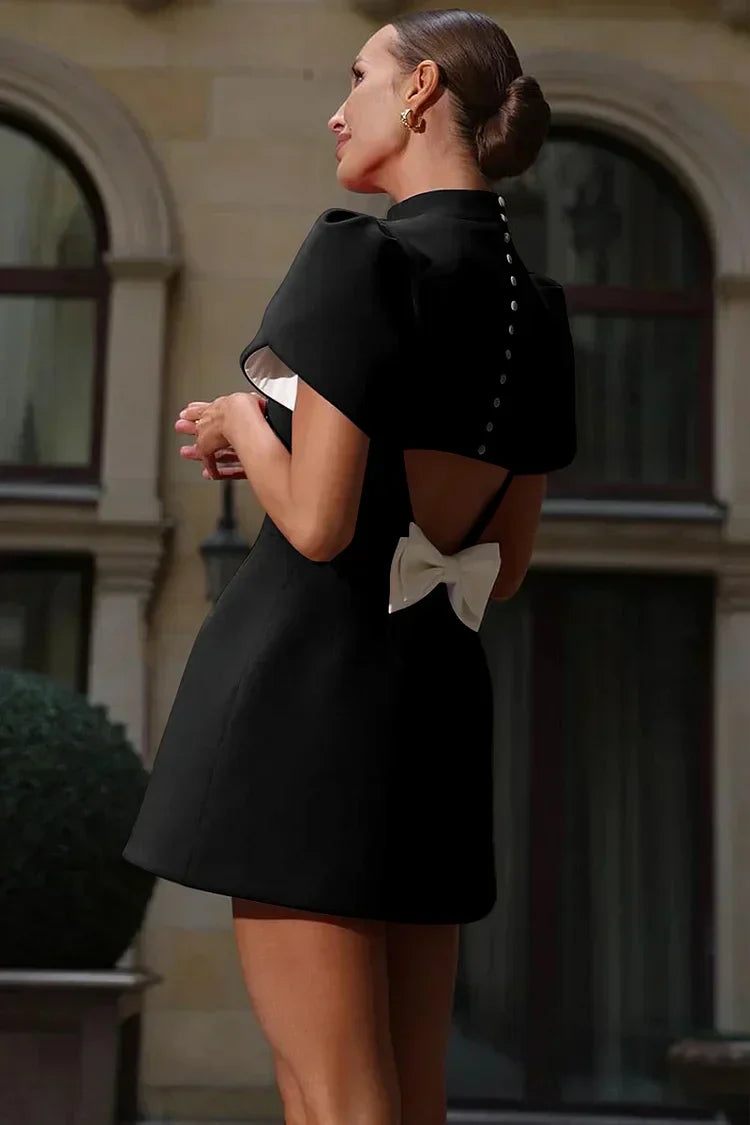 Women Mini Dress | Fitted bodice with puff sleeves and high neckline
