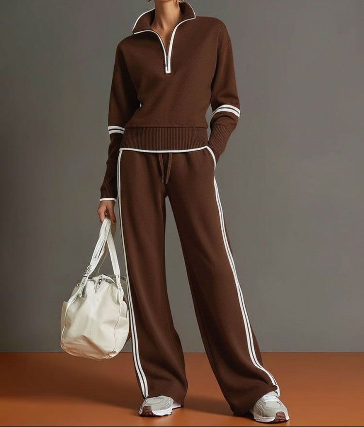 Stretch Half Zip Wide Leg Lounge Set with Drawstring Trousers for Women