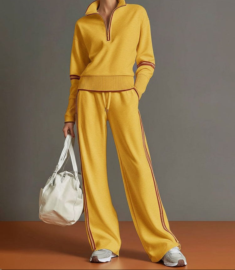 Stretch Half Zip Wide Leg Lounge Set with Drawstring Trousers for Women