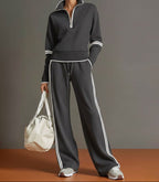 Stretch Half Zip Wide Leg Lounge Set with Drawstring Trousers for Women