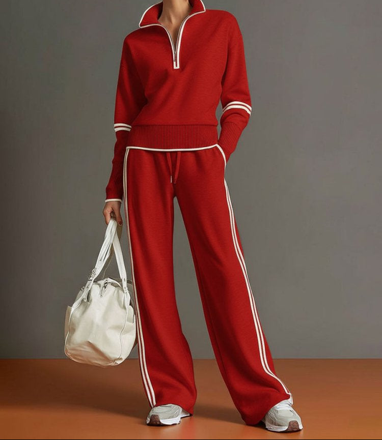 Stretch Half Zip Wide Leg Lounge Set with Drawstring Trousers for Women