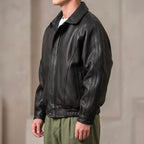 Black Leather Structured Collar Zip Jacket for Men | Spring Autumn Layer