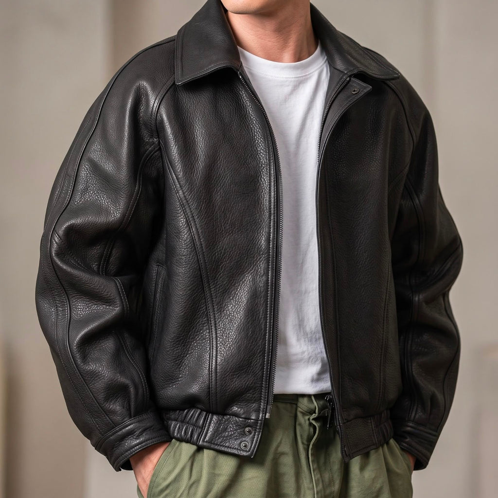 Black Leather Structured Collar Zip Jacket for Men | Spring Autumn Layer