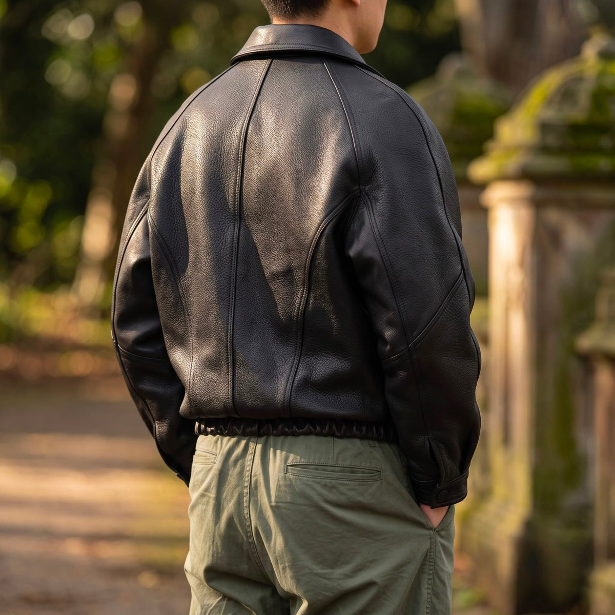 Black Leather Structured Collar Zip Jacket for Men | Spring Autumn Layer