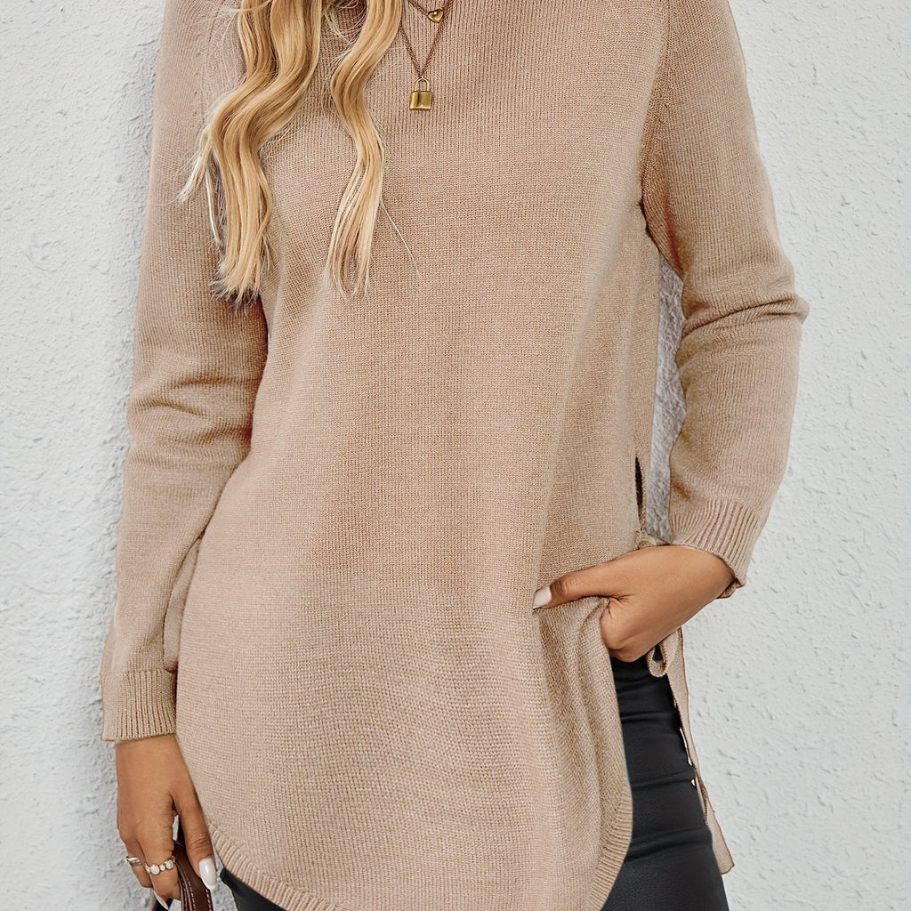 Knit Relaxed Fit Round Neck Longline Jumper with Side Slits for Women | Autumn