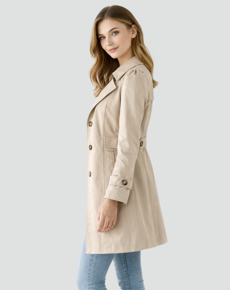 Tailored Mid Length Trench Coat with Structured Lapel Collar for Women