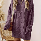 Diamond Cable Knit Round Neck Relaxed Fit Jumper Dress for Women | Autumn Winter