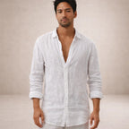 Linen Regular Fit Long Sleeve Open Collar Shirt for Men