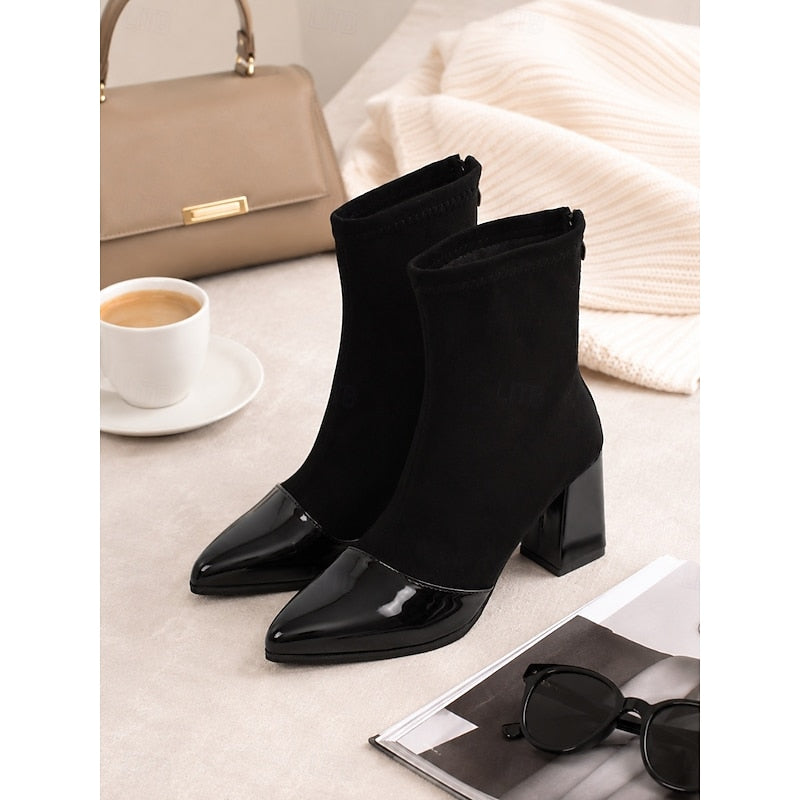 Stretch Shaft Cap Toe Chunky Block Heel Ankle Boots for Women | Office Wear