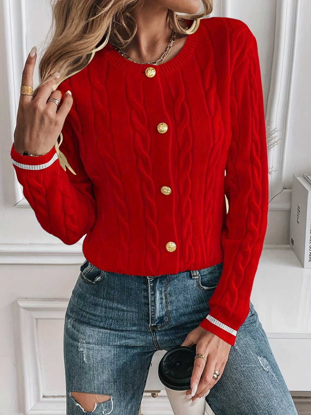 Cable Knit Open Front Buttoned Cardigan for Women | Work and Casual Wear