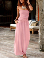 Strapless Bandeau Midi Dress with Waist-Cinching and Double Pockets for Women