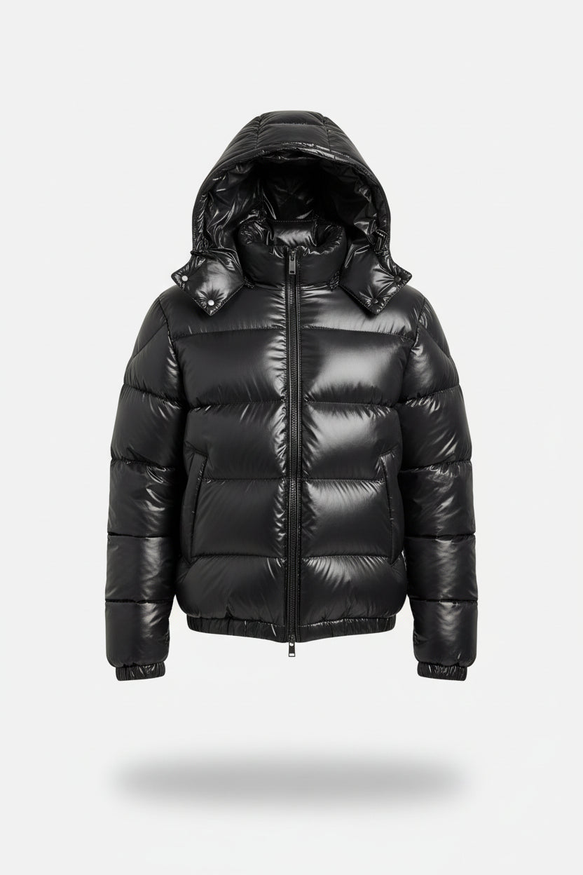 Glossy Quilted Sherpa Lined Hooded Puffer Jacket for Men | Outdoor Wear