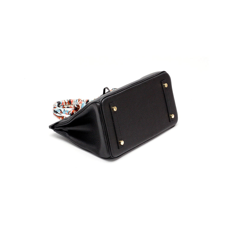 Genuine Leather Twist Lock Handbag with Gold Hardware and Pockets for Women